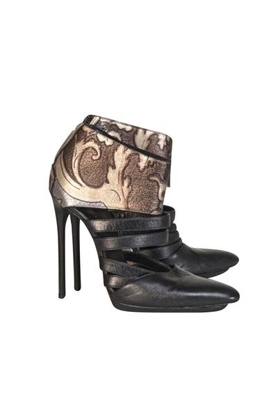Balenciaga - Black, Silver, & Beige Swirl Print Strappy Toe Pumps Sz 7 - Current Boutique