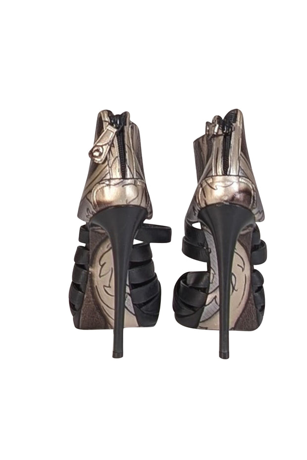 Balenciaga - Black, Silver, & Beige Swirl Print Strappy Toe Pumps Sz 7 - Current Boutique