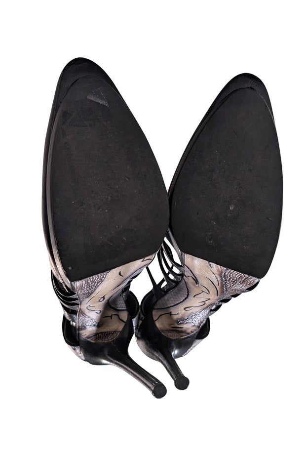 Balenciaga - Black, Silver, & Beige Swirl Print Strappy Toe Pumps Sz 7 - Current Boutique