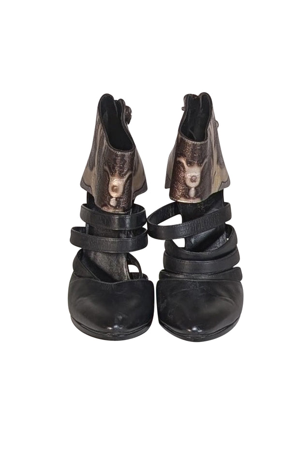 Balenciaga - Black, Silver, & Beige Swirl Print Strappy Toe Pumps Sz 7 - Current Boutique