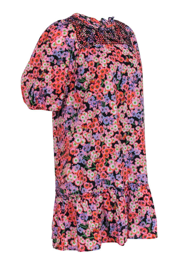Current Boutique-Banjanan - Pink, Orange, & Black Floral Print Puff Sleeve Dress Sz S