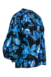 Current Boutique-Banjanan - Black w/ Blue Floral Print Cotton Blouse Sz S