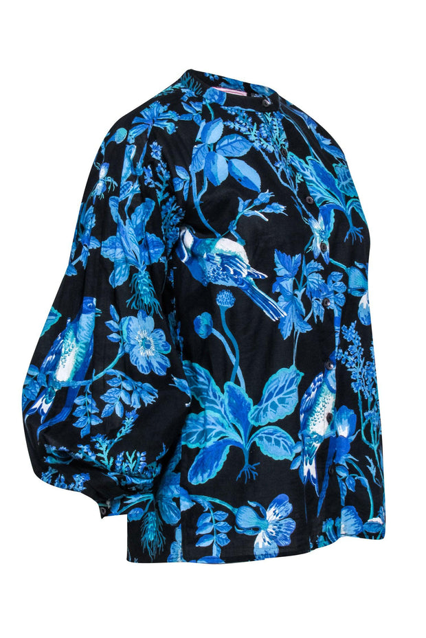 Current Boutique-Banjanan - Black w/ Blue Floral Print Cotton Blouse Sz S