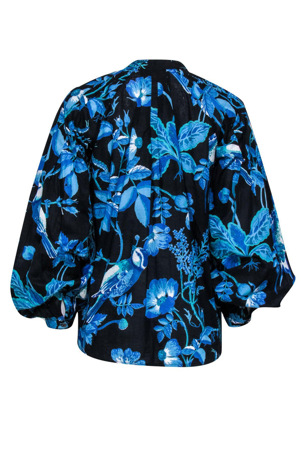 Current Boutique-Banjanan - Black w/ Blue Floral Print Cotton Blouse Sz S