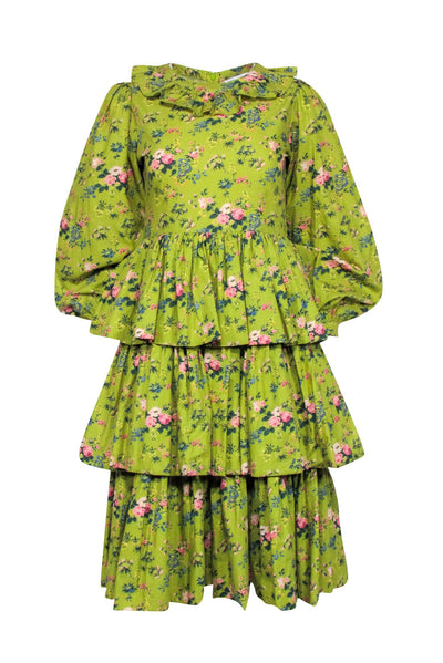 Current Boutique-Batsheva - Green & Floral Print Long Sleeve Dress Sz 2