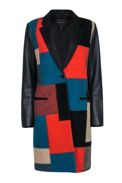 Current Boutique-BCBG Max Azria - Black, Teal, & Orange Color Block Print Coat Sz S