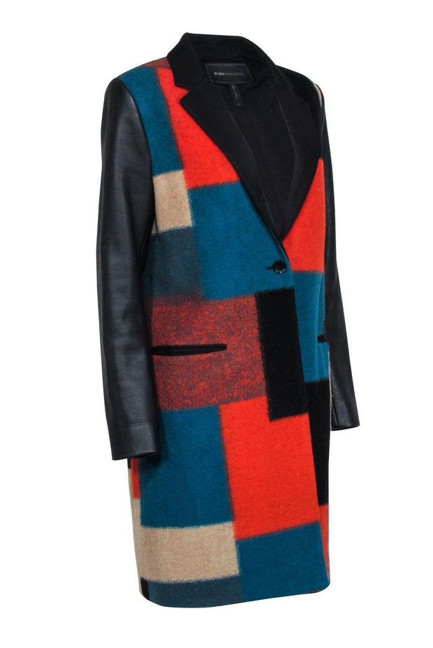 Current Boutique-BCBG Max Azria - Black, Teal, & Orange Color Block Print Coat Sz S