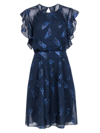 Current Boutique-BCBG Max Azria - Navy Blue Flutter Sleeve Dress w/ Metallic Feather Print Sz 8