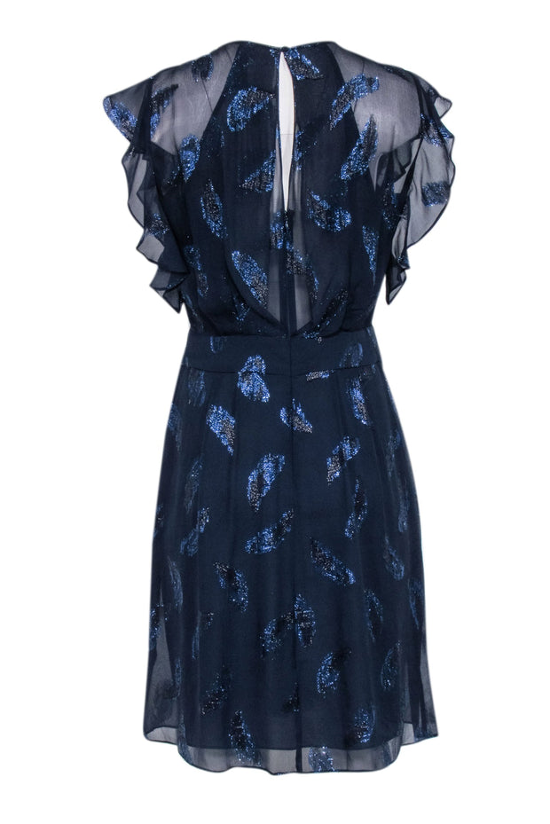 Current Boutique-BCBG Max Azria - Navy Blue Flutter Sleeve Dress w/ Metallic Feather Print Sz 8