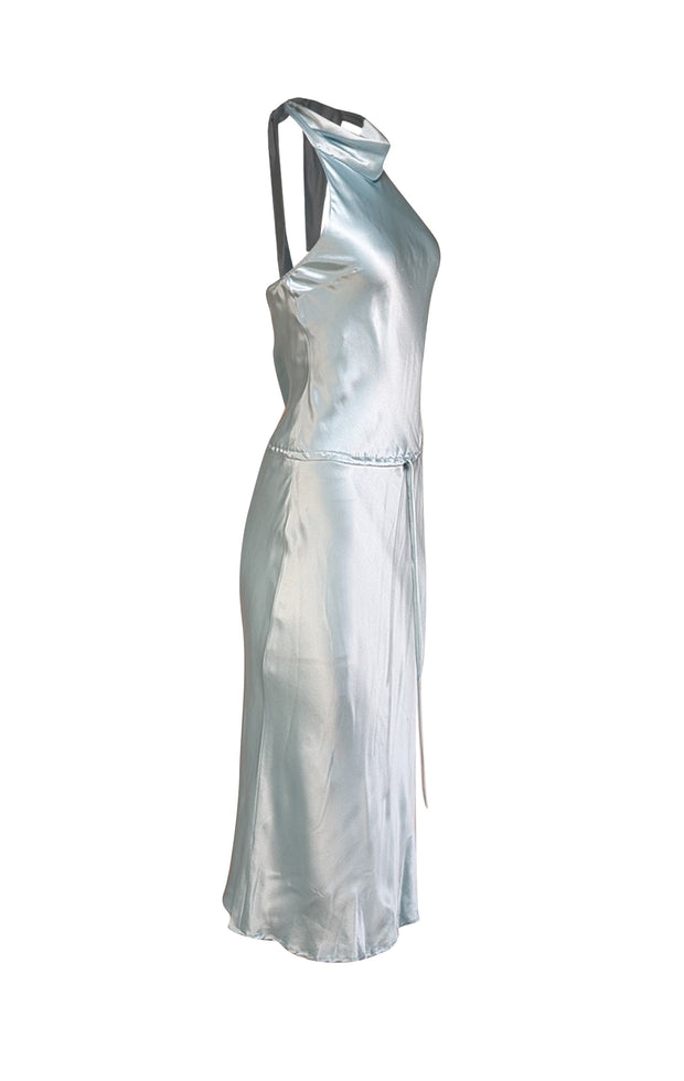 BCBG Max Azria - Light Blue Silk Halter Neck Dress Sz 8 - Current Boutique