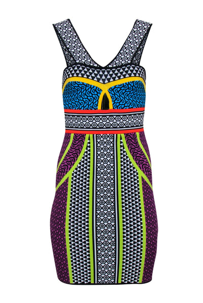 Current Boutique-BCBG Max Azria - Black & Multi Color Print Bodycon Dress Sz S