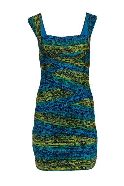 Current Boutique-BCBG Max Azria - Blue, Turqouise, & Yellow Snakeskin Print Ruched Mesh Dress Sz S