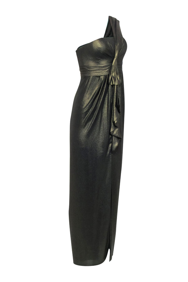 Current Boutique-BCBG Max Azria - Metallic Gold One Shoulder Gown w/ Front Slit Sz 2