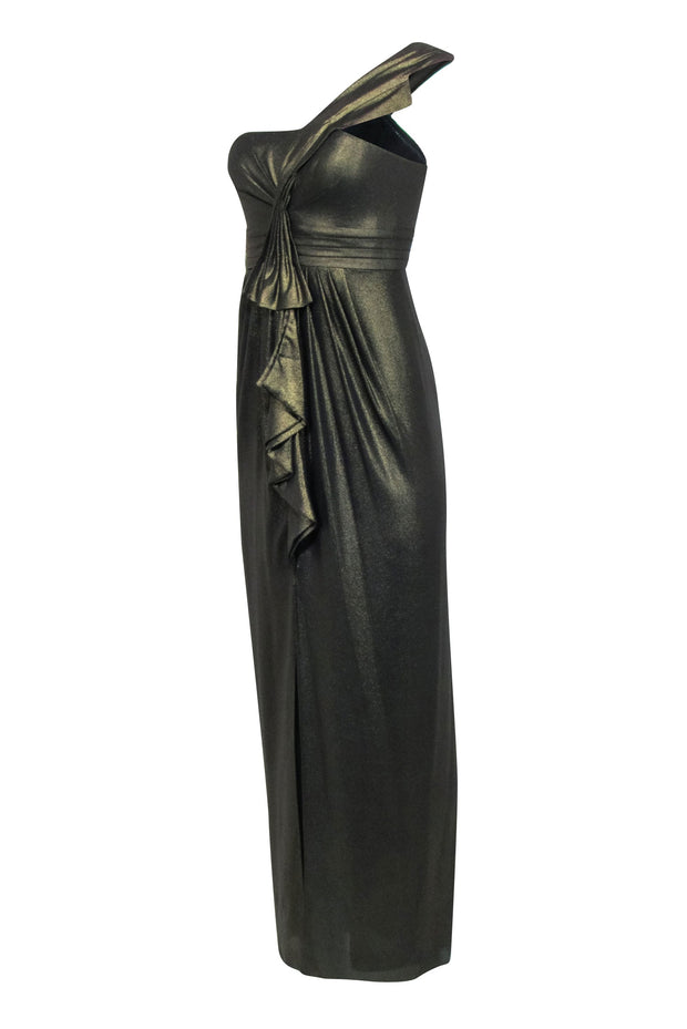 Current Boutique-BCBG Max Azria - Metallic Gold One Shoulder Gown w/ Front Slit Sz 2