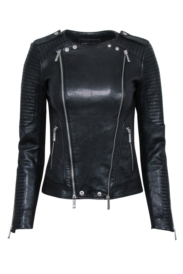 Current Boutique-BCBG Max Azria - Black Textured Leather Moto Jacket Sz XXS