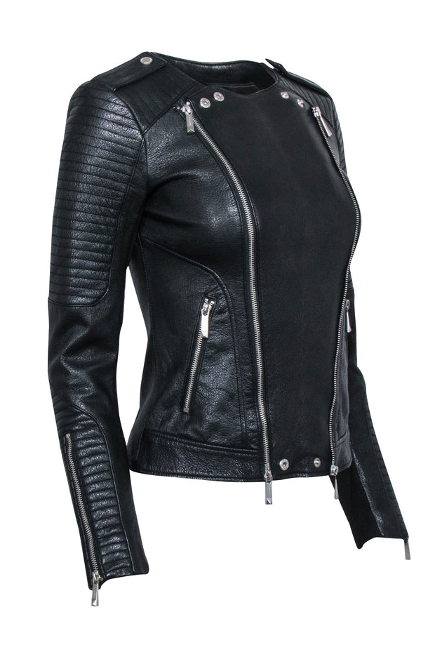 Current Boutique-BCBG Max Azria - Black Textured Leather Moto Jacket Sz XXS