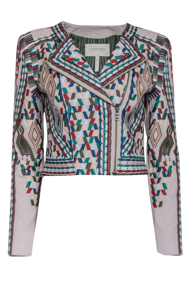 Current Boutique-BCBG Max Azria Runway- Blush w/ Multi Color Embroidered Moto Zip Jacket Sz S