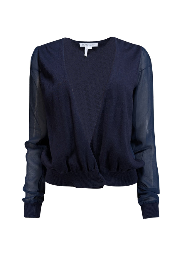BCBGeneration - Navy Knit & Semi-Sheer Surplice Blouse Sz S - Current Boutique