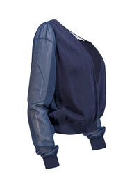BCBGeneration - Navy Knit & Semi-Sheer Surplice Blouse Sz S - Current Boutique