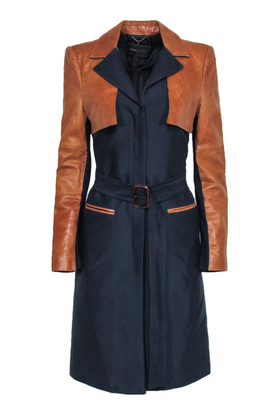 Current Boutique-BCBG Max Azria - Navy & Tan Leather Trench Coat Sz M