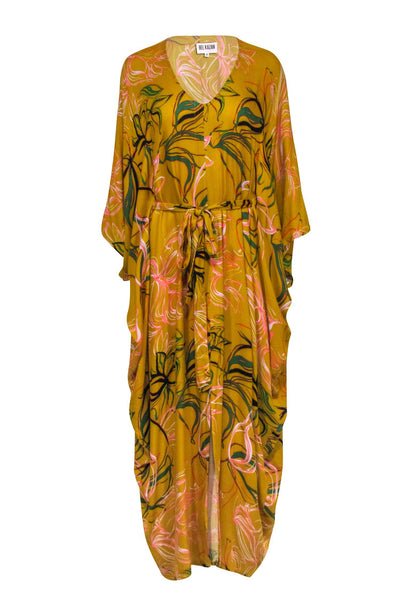 Current Boutique-Bel Kazan - Mustard Yellow w/ Multicolor Floral Print Cover Up Dress One Size