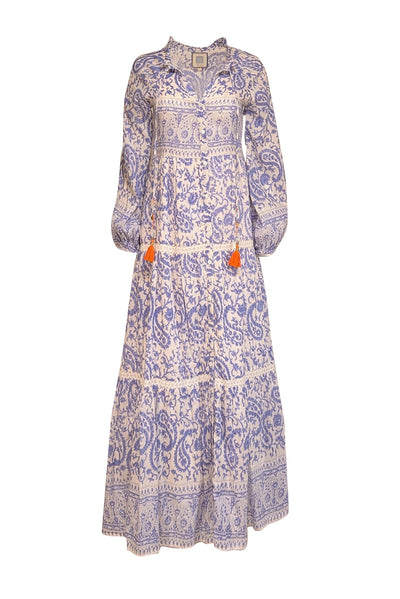 Current Boutique-Bell - Blue & White Paisley Print Lace Trimmed Maxi Dress Sz XS
