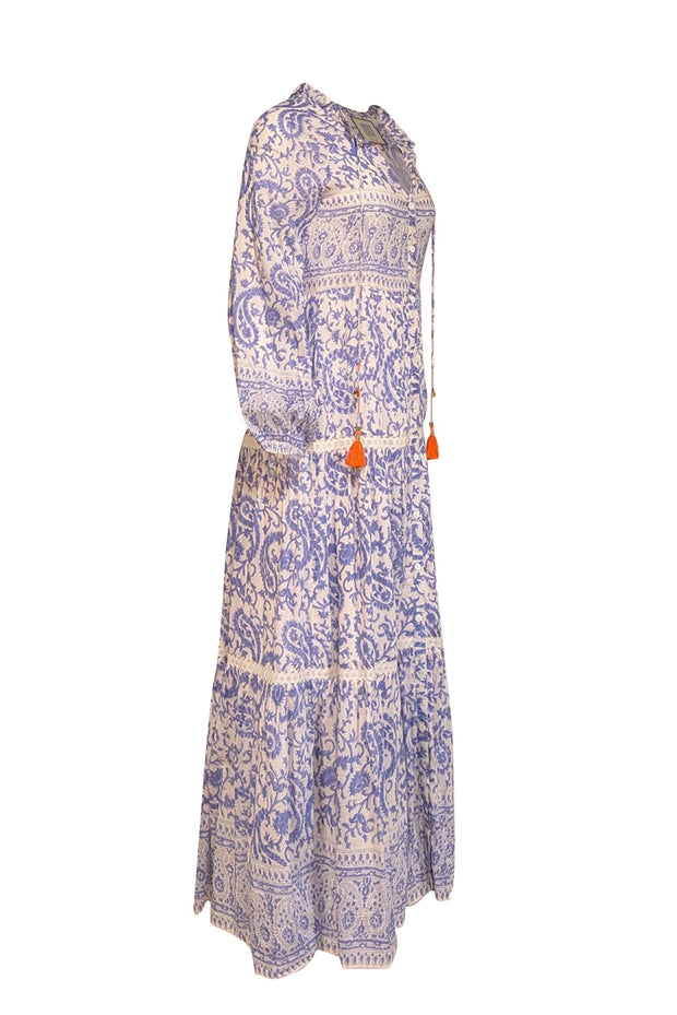 Current Boutique-Bell - Blue & White Paisley Print Lace Trimmed Maxi Dress Sz XS