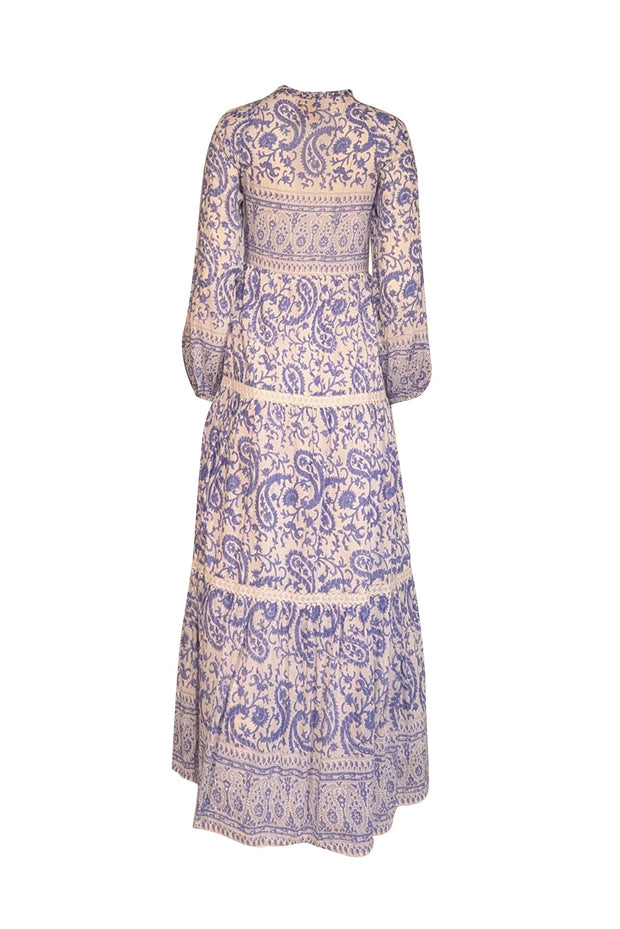 Current Boutique-Bell - Blue & White Paisley Print Lace Trimmed Maxi Dress Sz XS