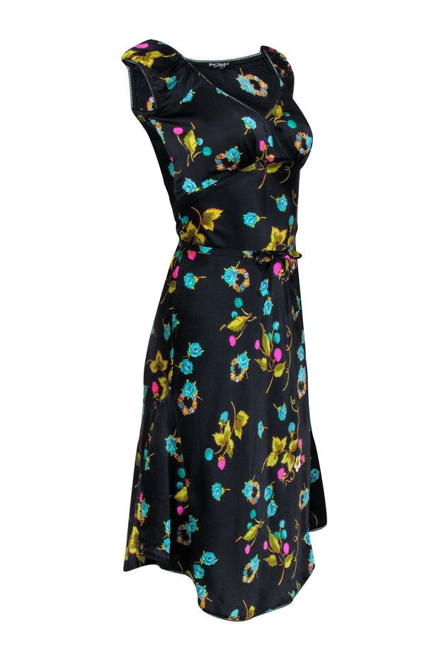 Current Boutique-Betsy Johnson - Black w/ Pink & Green Floral Fruit Print Silk Dress Sz 4
