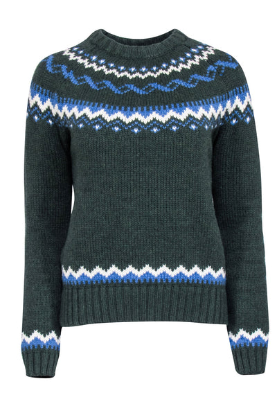Current Boutique-Birds of Paradis - Dark Green w/ Blue & White Fair Isle Crewneck Sweater Sz XS