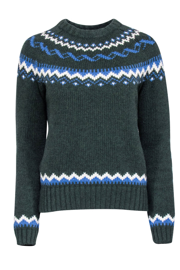 Current Boutique-Birds of Paradis - Dark Green w/ Blue & White Fair Isle Crewneck Sweater Sz XS