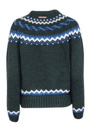 Current Boutique-Birds of Paradis - Dark Green w/ Blue & White Fair Isle Crewneck Sweater Sz XS