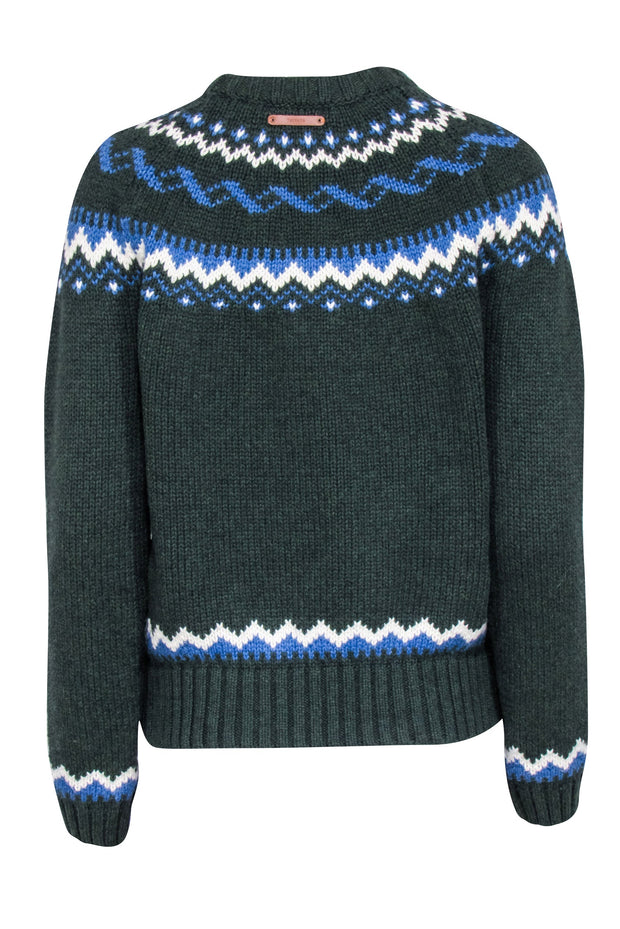 Current Boutique-Birds of Paradis - Dark Green w/ Blue & White Fair Isle Crewneck Sweater Sz XS