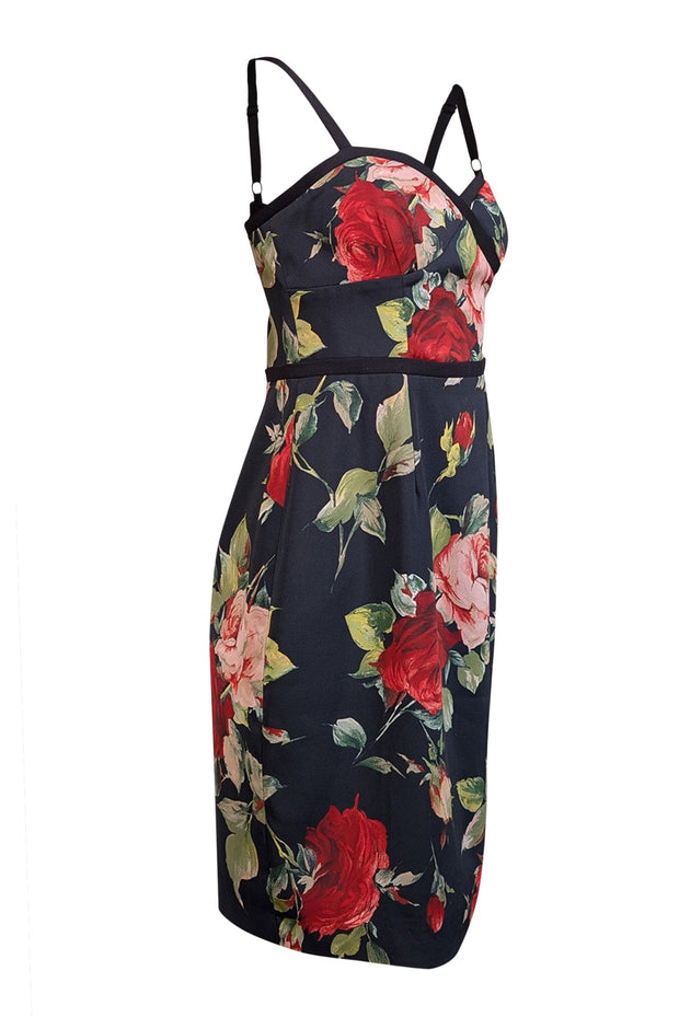 Current Boutique-Black Halo - Black & Red Rose Print Sleeveless Sheath Dress Sz 12P