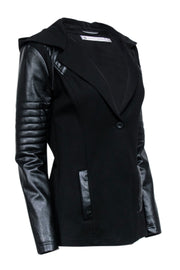 Current Boutique-Blanc Noir - Black Knit Hooded Faux Leather Detail Jacket Sz S