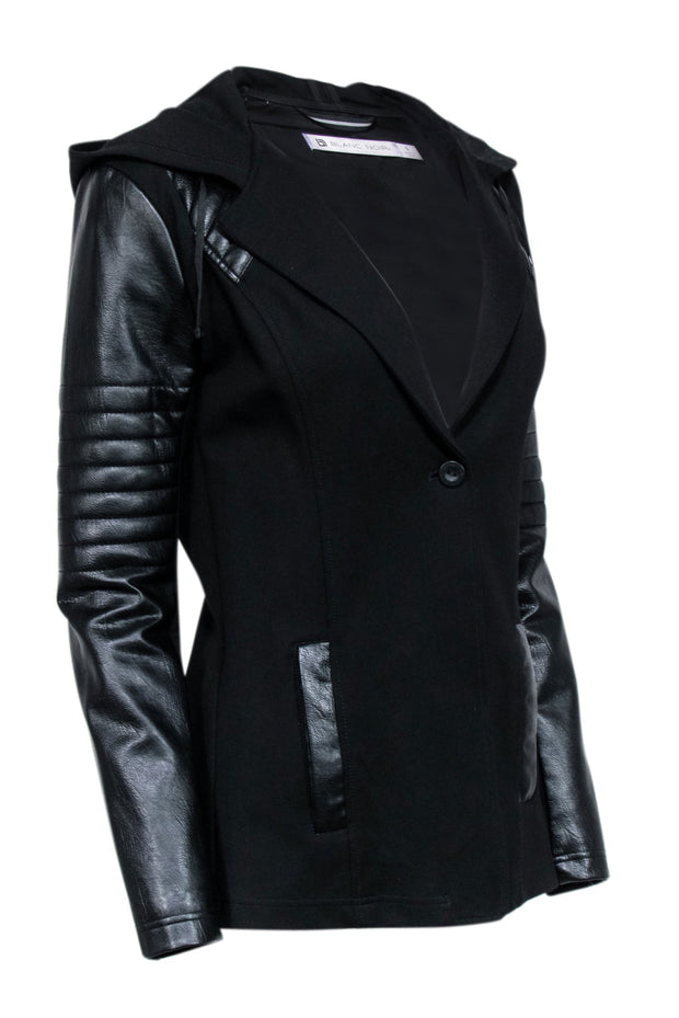Current Boutique-Blanc Noir - Black Knit Hooded Faux Leather Detail Jacket Sz S