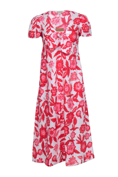 Current Boutique-Boden - White w/ Red & Pink Floral Print Short Sleeve Linen Midi Dress Sz 6P