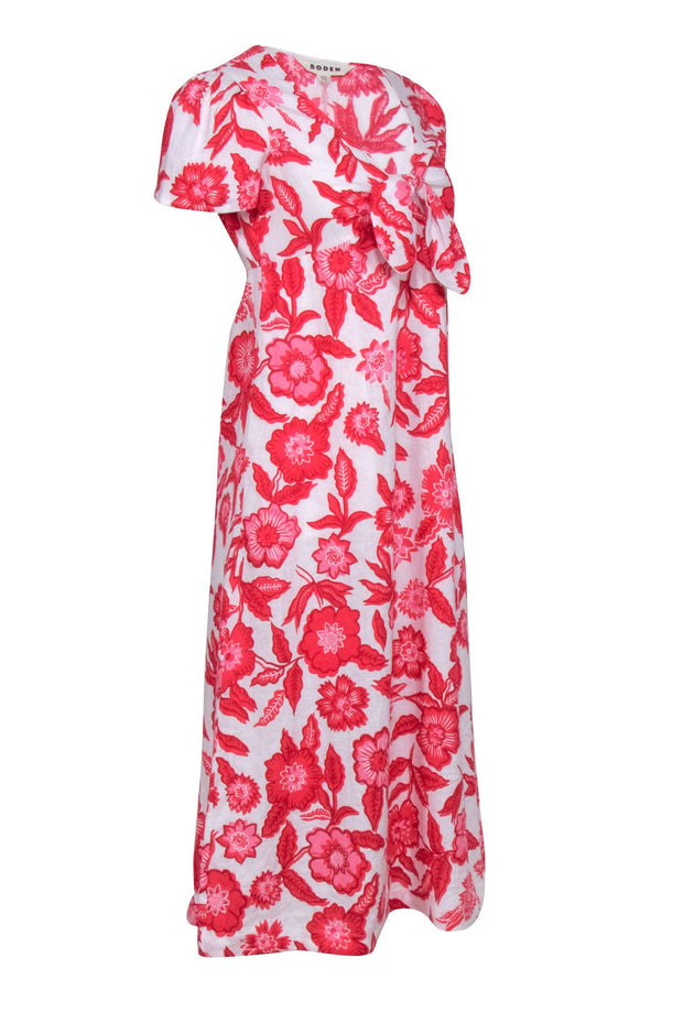 Current Boutique-Boden - White w/ Red & Pink Floral Print Short Sleeve Linen Midi Dress Sz 6P