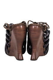 Current Boutique-Bottega Veneta - Brown Patent Leather Ankle Wrap Wedges Sz 8