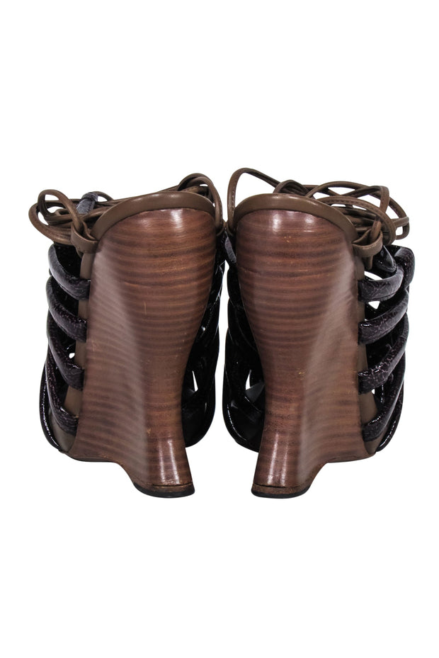 Current Boutique-Bottega Veneta - Brown Patent Leather Ankle Wrap Wedges Sz 8