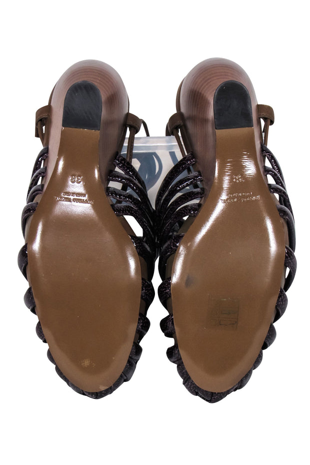 Current Boutique-Bottega Veneta - Brown Patent Leather Ankle Wrap Wedges Sz 8