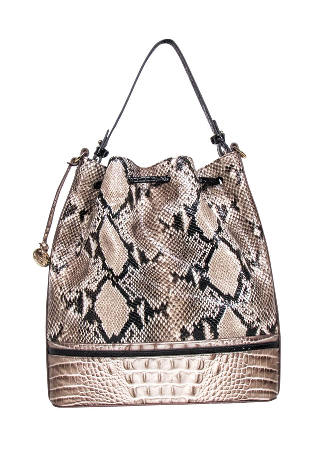 Current Boutique-Brahmin - Beige & Black Reptile Textured Large Bucket Bag