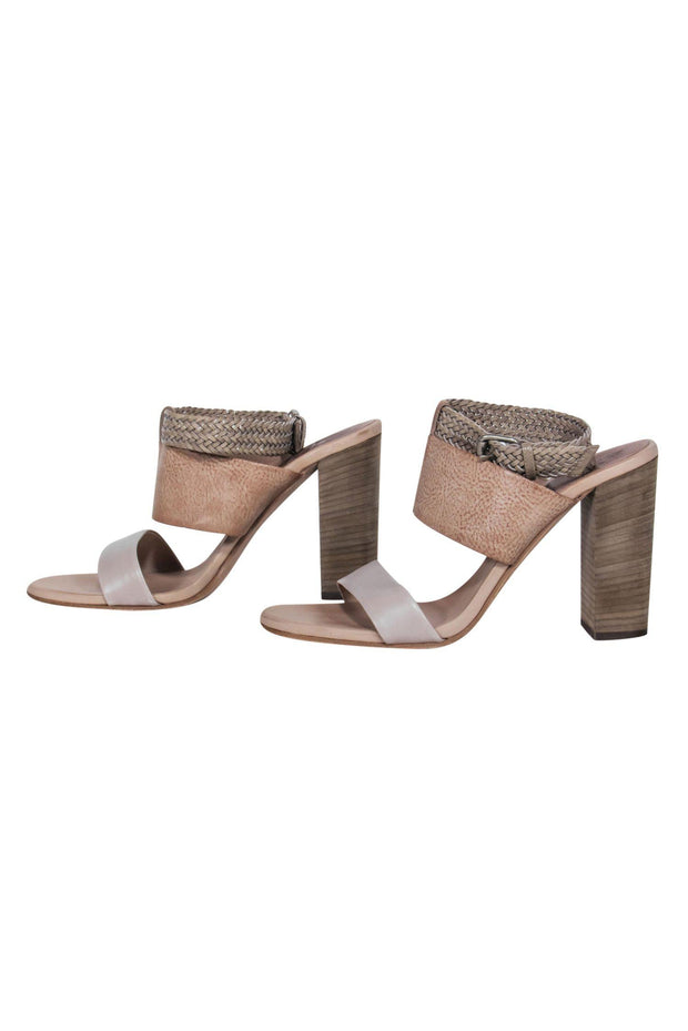 Current Boutique-Brunello Cucinelli - Tan Pebbled & Braided Leather Block Mule Heels Sz 11
