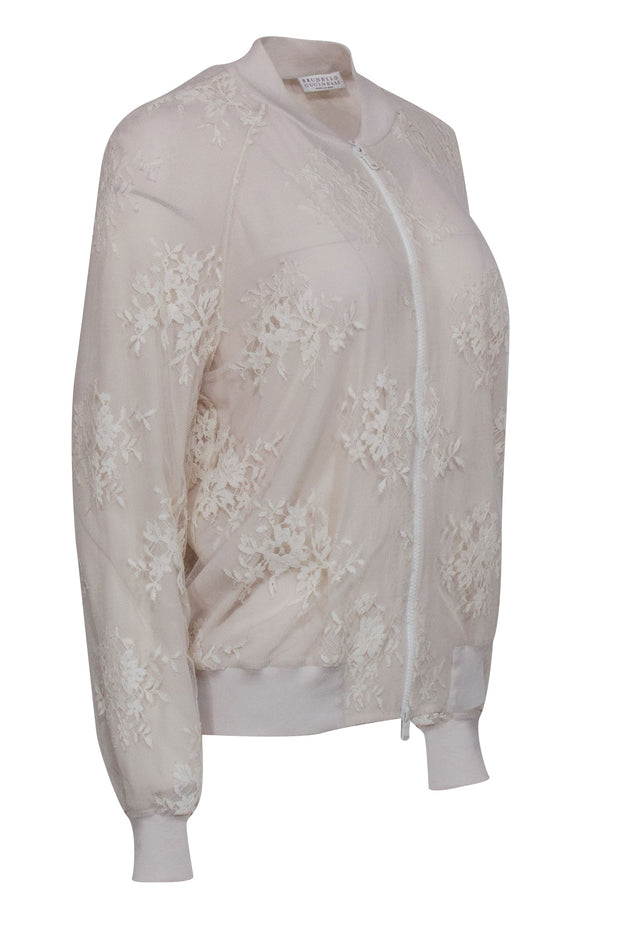 Current Boutique-Brunello Cucinelli - Beige Lace Bomber Jacket Sz 10