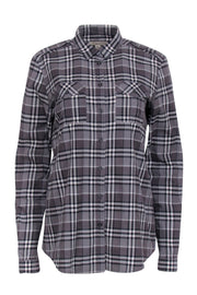 Current Boutique-Burberry Brit - Grey Classic Plaid Button Front Sz M