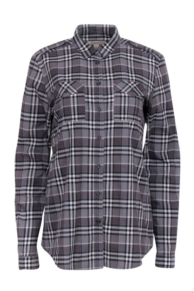 Current Boutique-Burberry Brit - Grey Classic Plaid Button Front Sz M