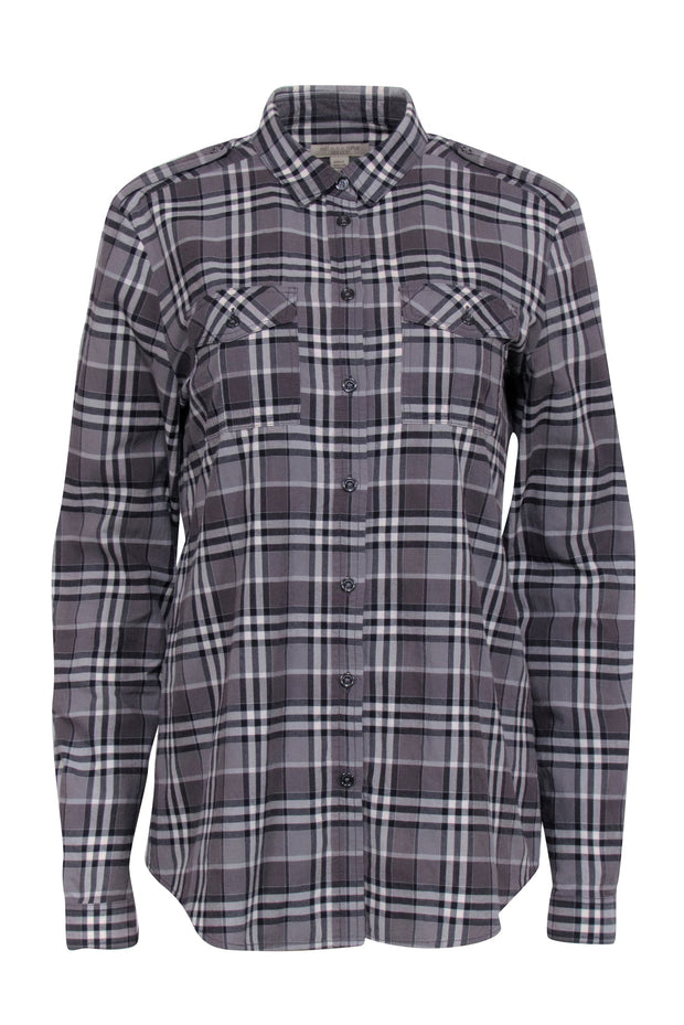 Current Boutique-Burberry Brit - Grey Classic Plaid Button Front Sz M