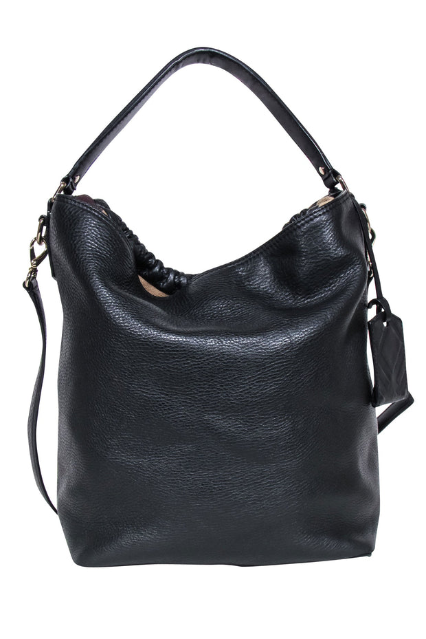 Current Boutique-Burberry - Black Leather Large Bucket Bag w/ Signature Plaid Trim