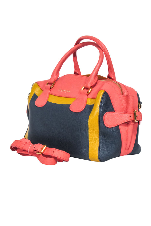 Current Boutique-Burberry Prorsum - Navy, Peach & Yellow Hand Painted Leather Bowler Bag