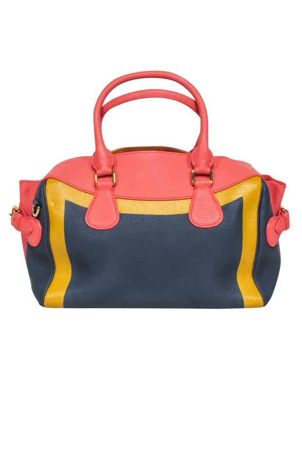Current Boutique-Burberry Prorsum - Navy, Peach & Yellow Hand Painted Leather Bowler Bag